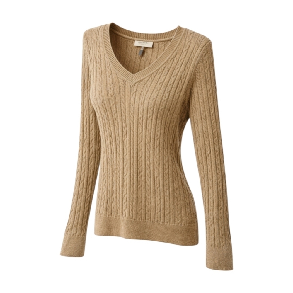 SONOMA women's medium tan V- neck cable knit sweater New no tags - Picture 4 of 9